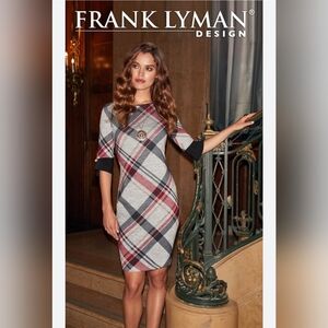 Frank Lyman Design Grey Red Plaid Knit Sheath Dress with Cuff Detail